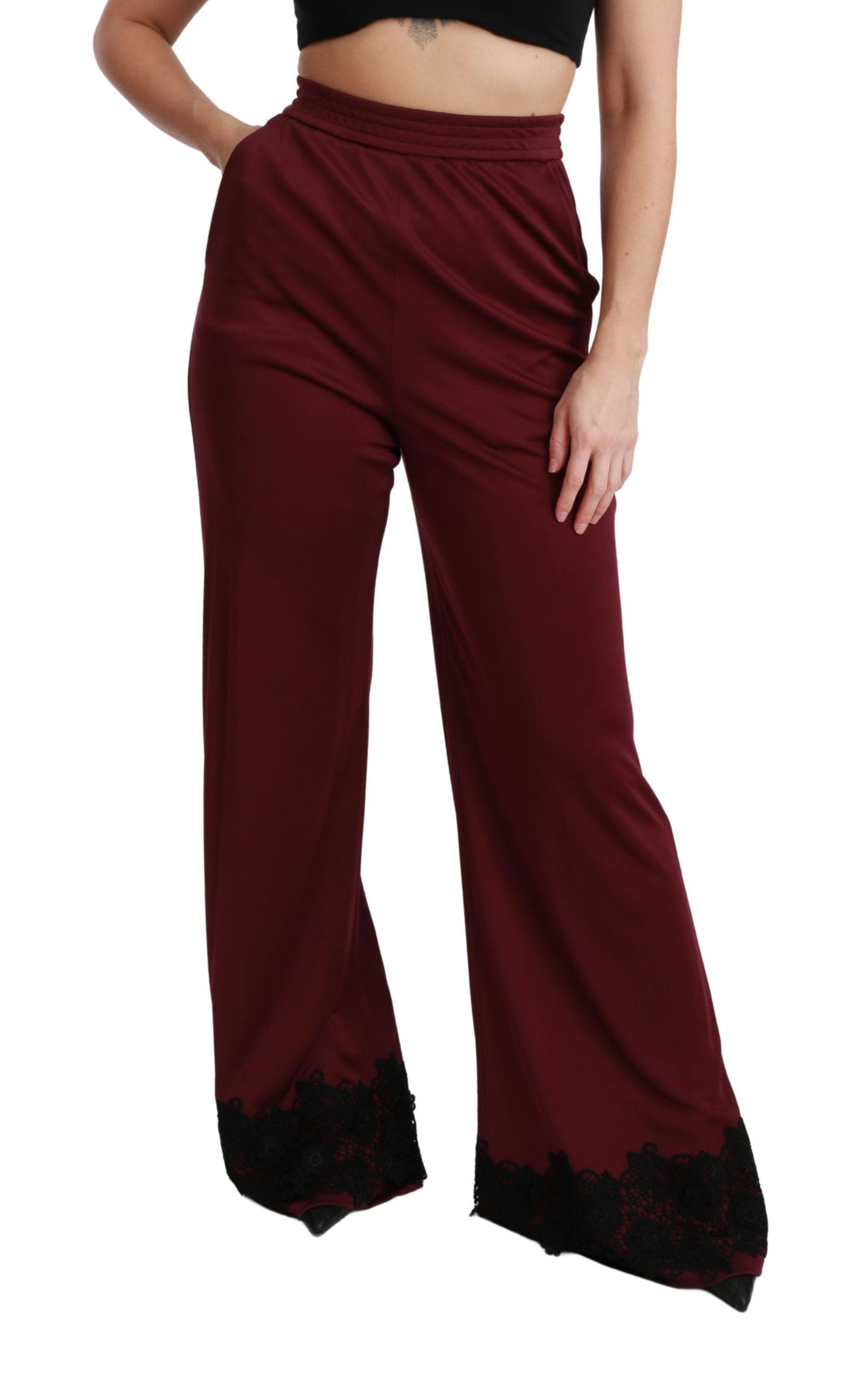 Dolce & Gabbana Black Lace High Waist Wide Leg Maroon  Women's Pants