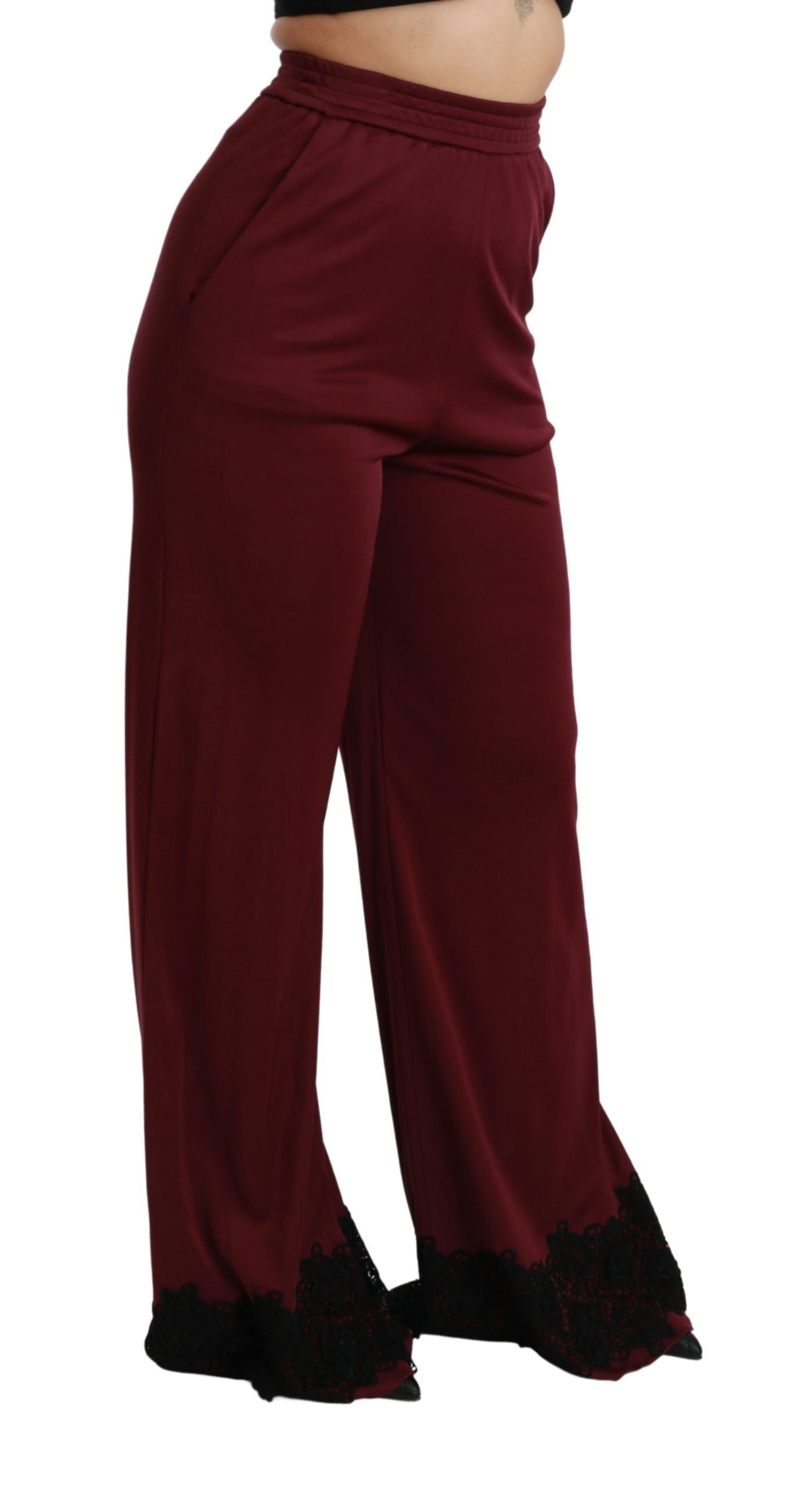 Dolce & Gabbana Black Lace High Waist Wide Leg Maroon  Women's Pants