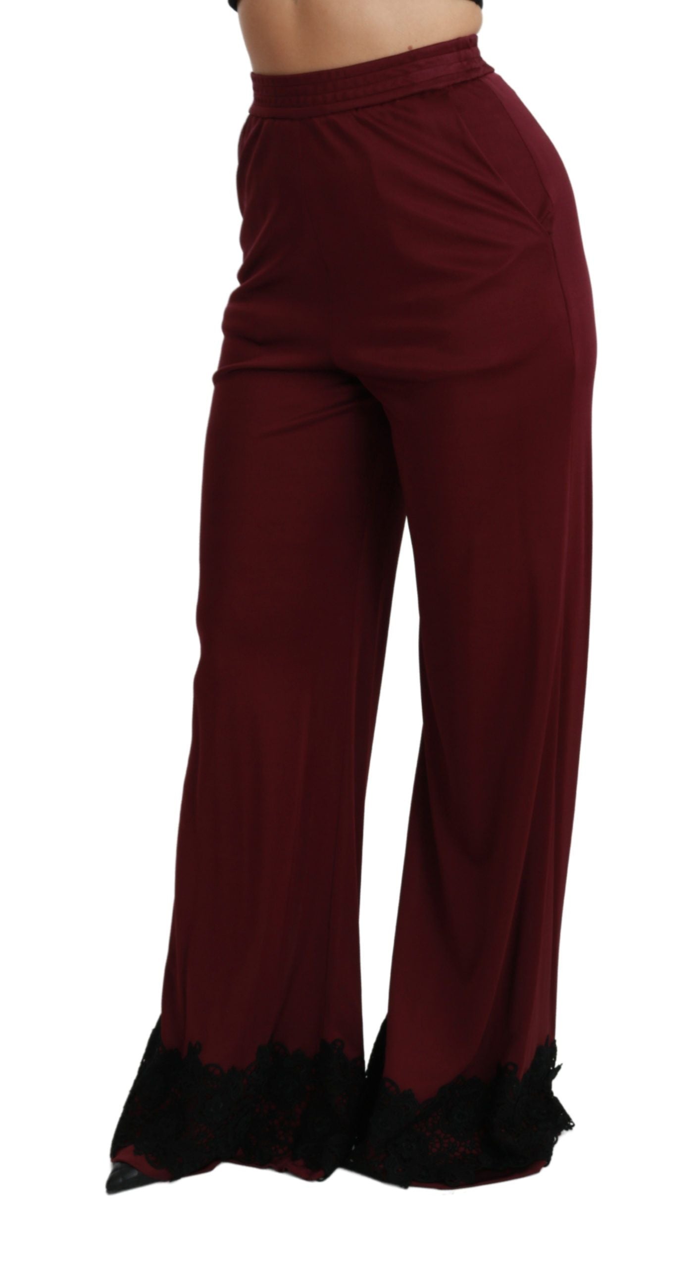 Dolce & Gabbana Black Lace High Waist Wide Leg Maroon  Women's Pants