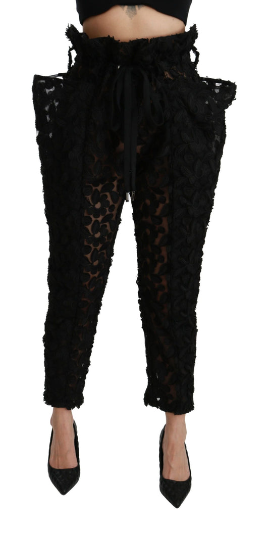 Dolce & Gabbana Black Floral Lace Tapered High Waist Women's Pants