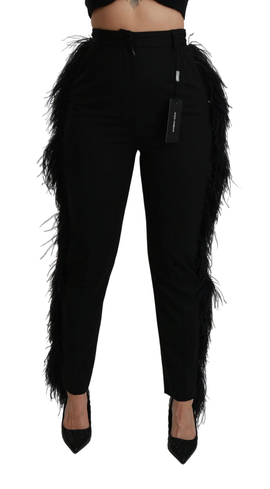 Dolce & Gabbana Black Feather Straight High Waist Wool Women's Pants