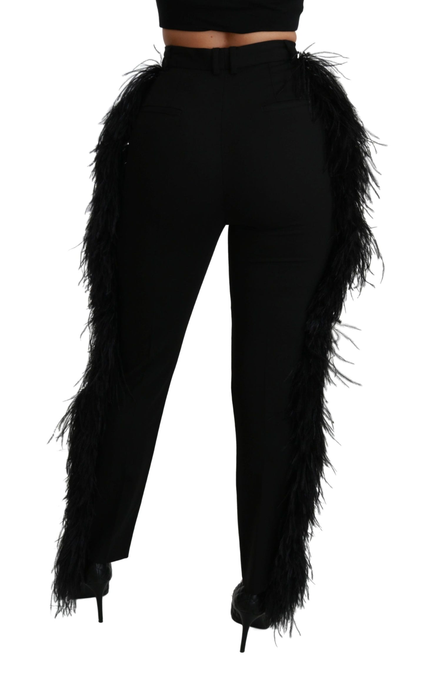 Dolce & Gabbana Black Feather Straight High Waist Wool Women's Pants