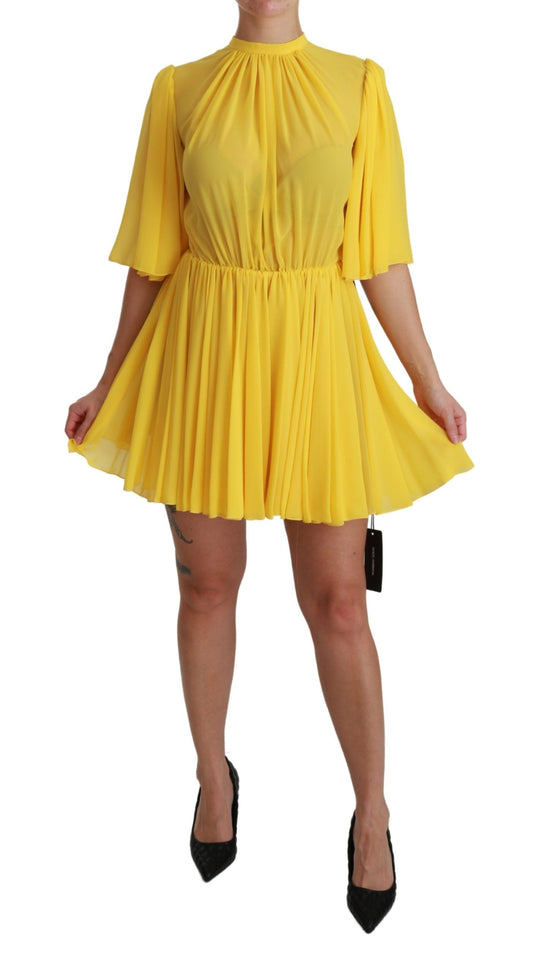 Dolce & Gabbana Yellow Pleated A-line Mini 100% Silk Women's Dress