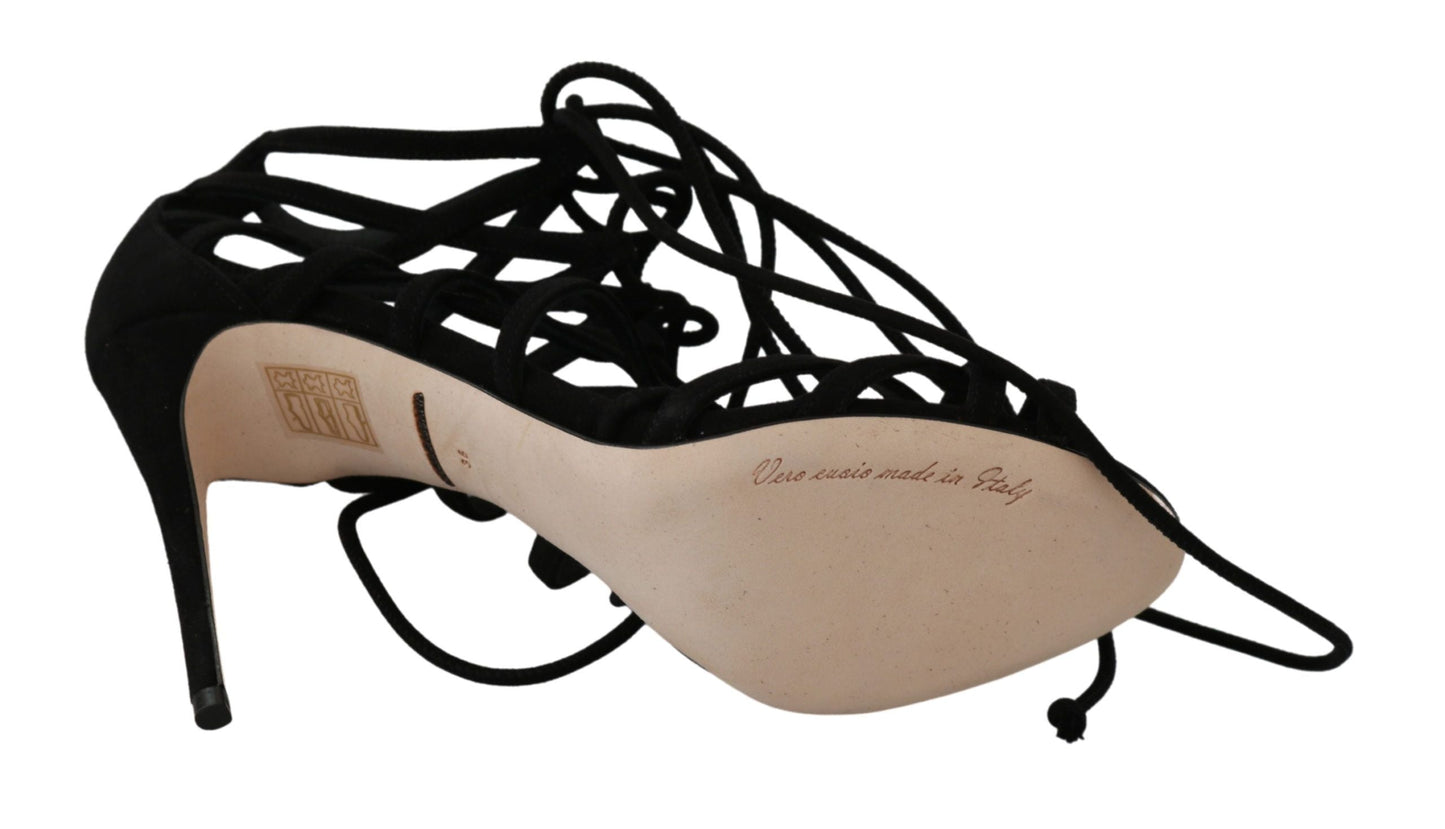 Dolce & Gabbana Black Suede Strap Stilettos Shoes Women's Sandals