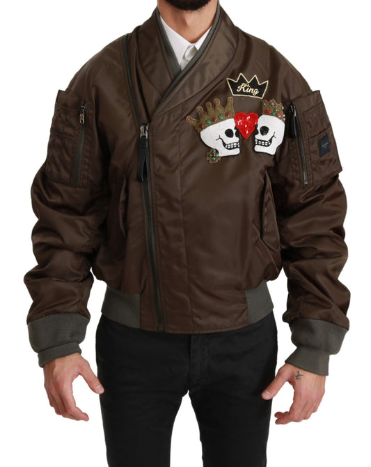 Dolce & Gabbana Brown Beaded Crown Skull Logo Men's Jacket