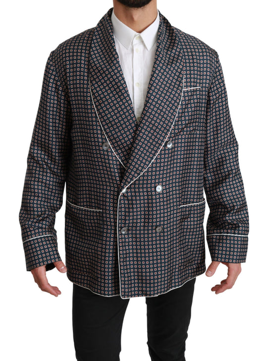 Dolce & Gabbana Navy Blue Patterned Double Breasted Coat Men's Jacket