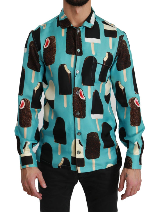 Dolce & Gabbana Blue Silk Ice Cream Print Casual Men's Shirt