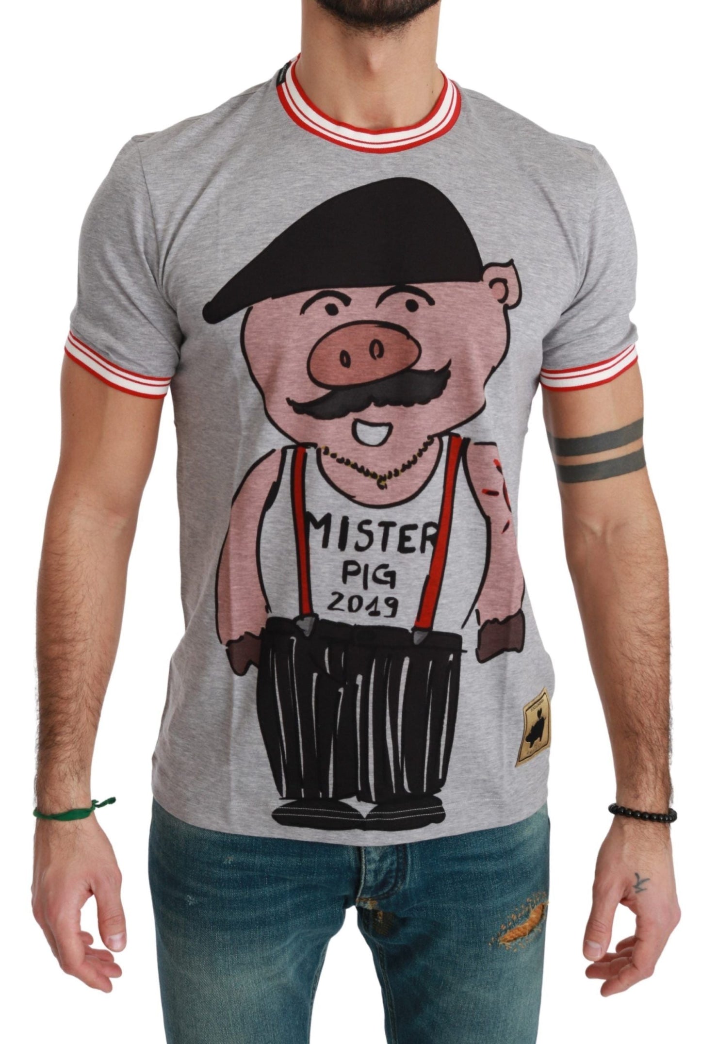 Dolce & Gabbana Gray Cotton Top 2019 Year of the Pig Men's T-shirt