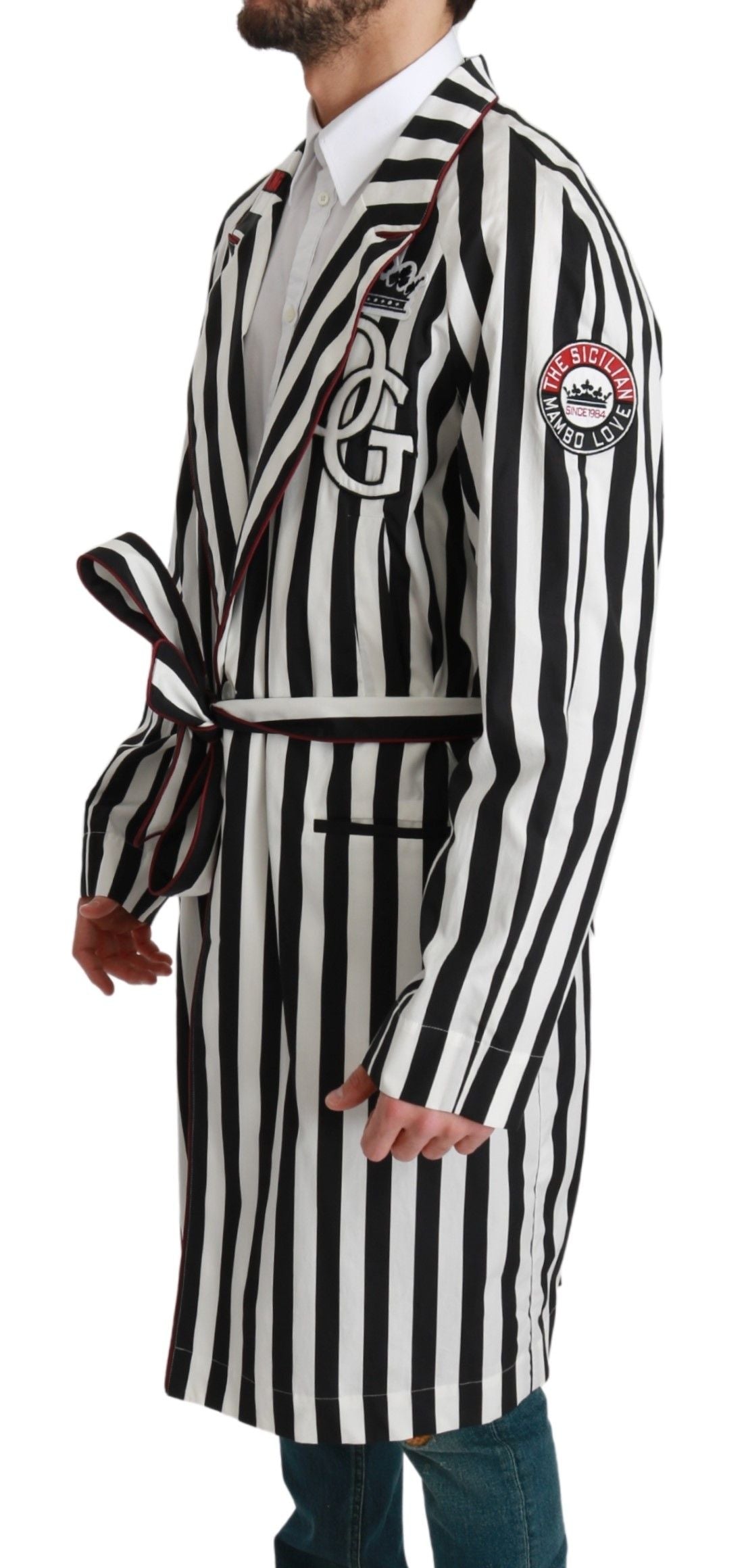 Dolce & Gabbana Black Coat Nightgown  White Cotton Men's Robe