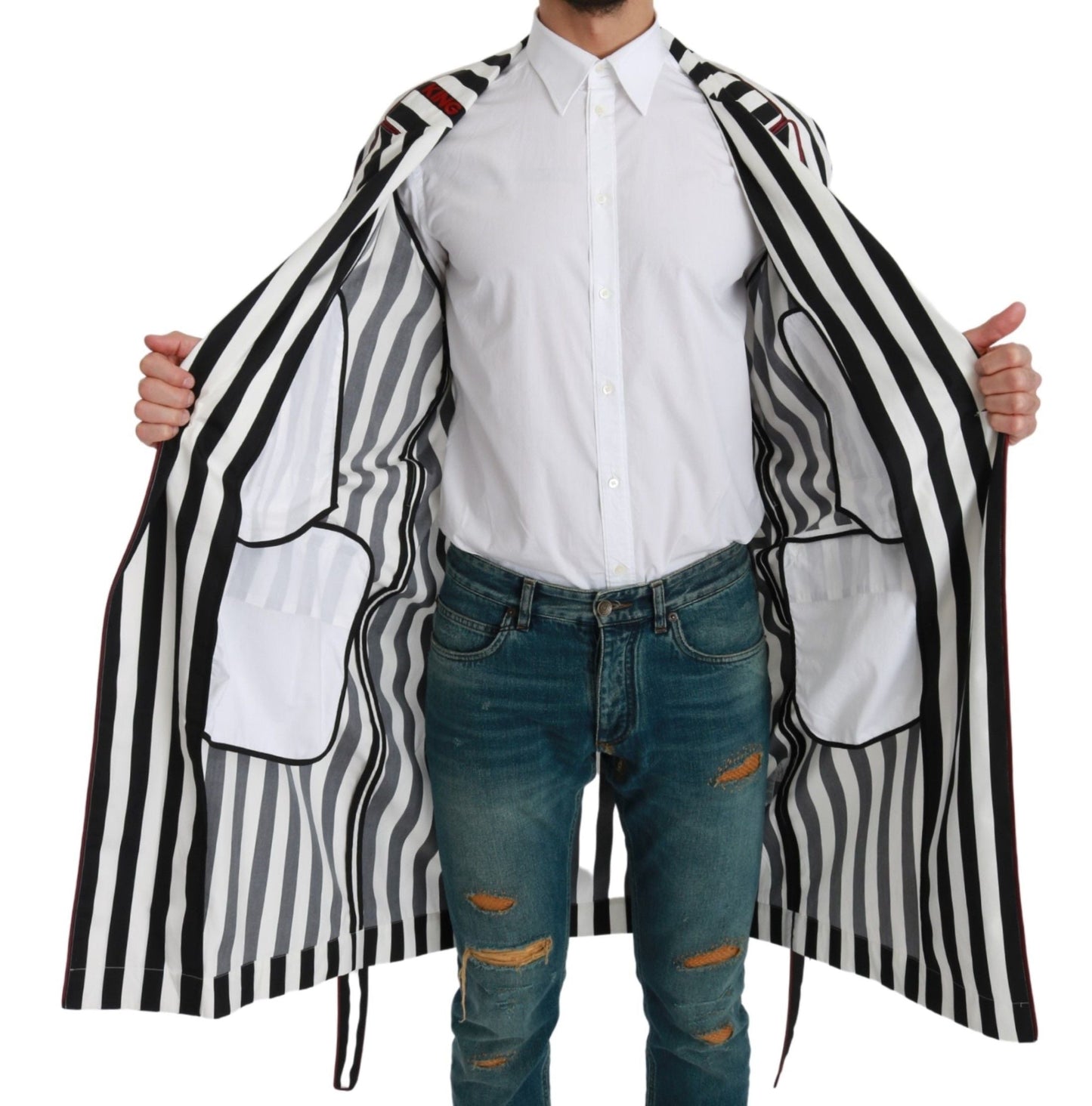 Dolce & Gabbana Black Coat Nightgown  White Cotton Men's Robe