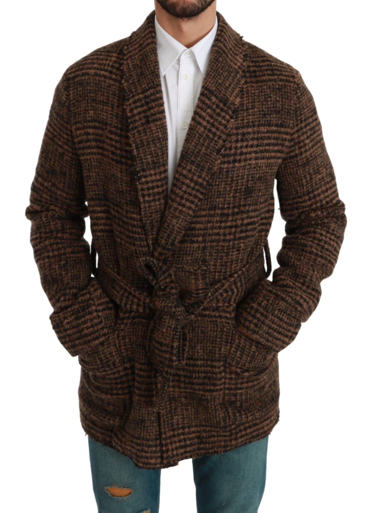 Dolce & Gabbana Brown Checkered Wool Robe Coat  Wrap Men's Jacket