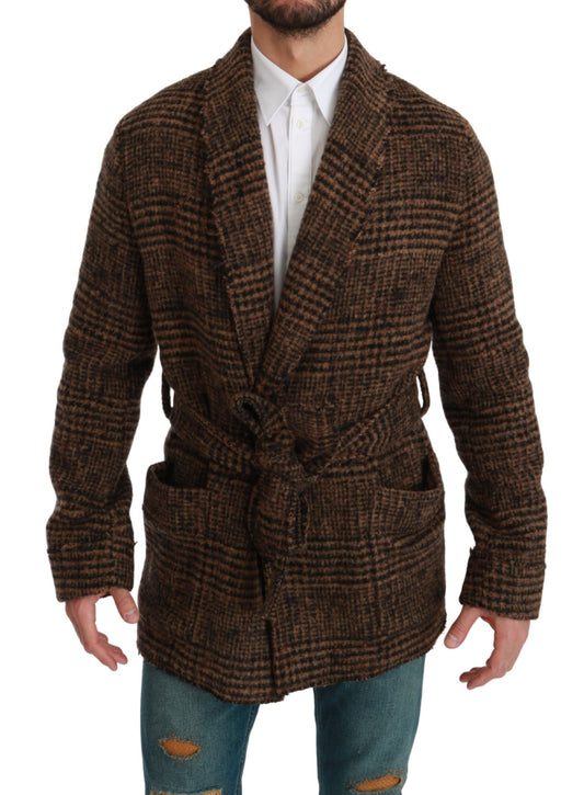 Dolce & Gabbana Brown Checkered Wool Robe Coat  Wrap Men's Jacket