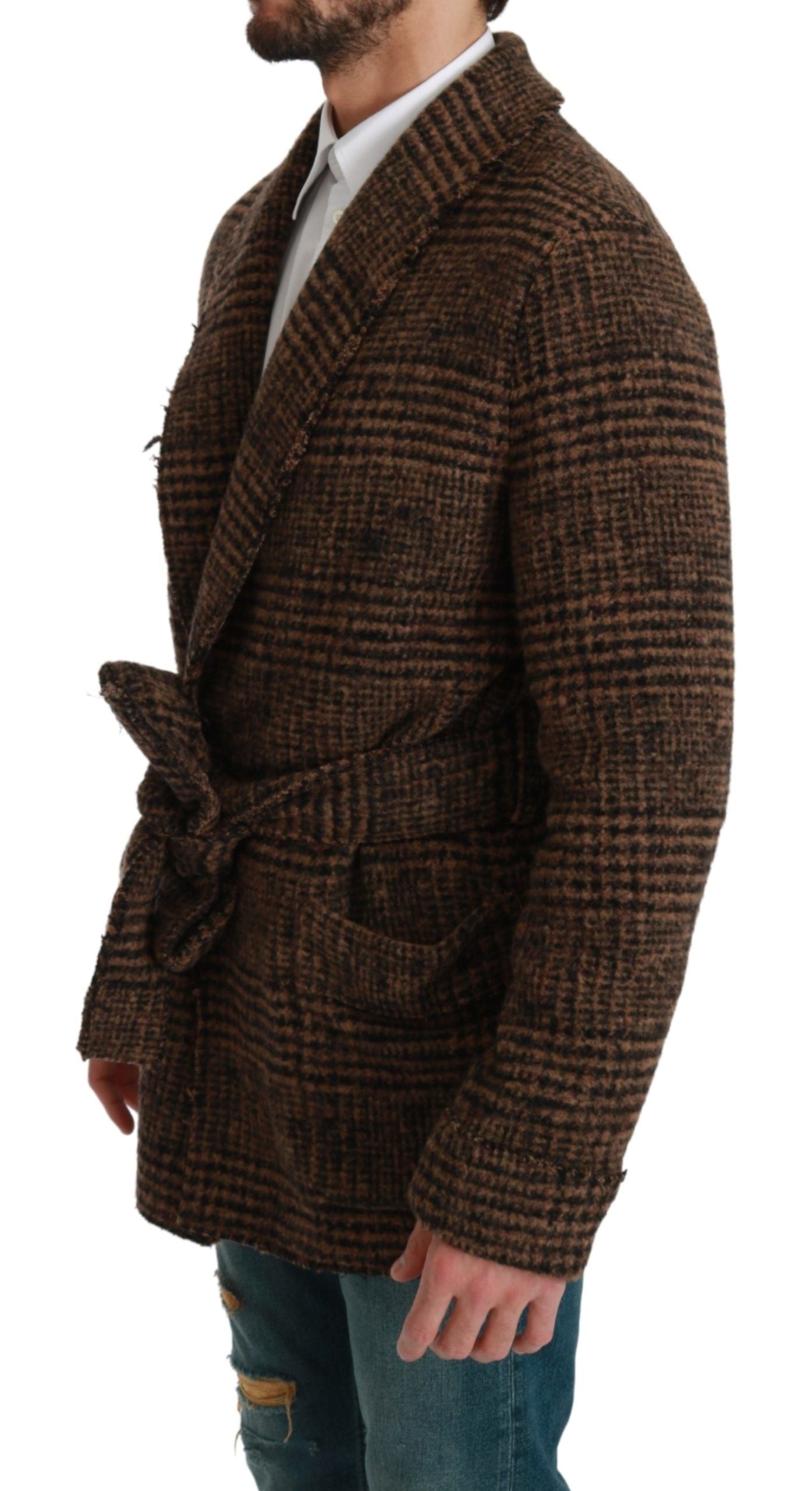Dolce & Gabbana Brown Checkered Wool Robe Coat  Wrap Men's Jacket