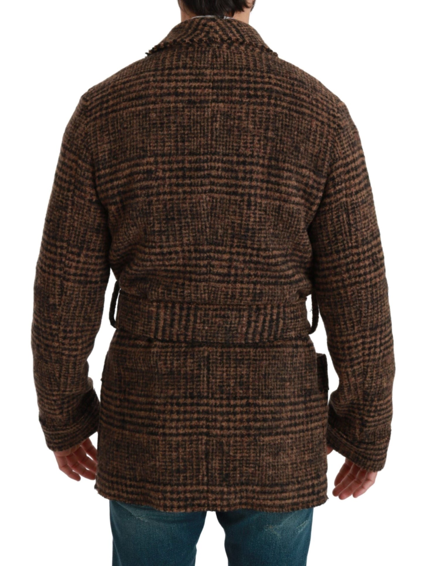Dolce & Gabbana Brown Checkered Wool Robe Coat  Wrap Men's Jacket
