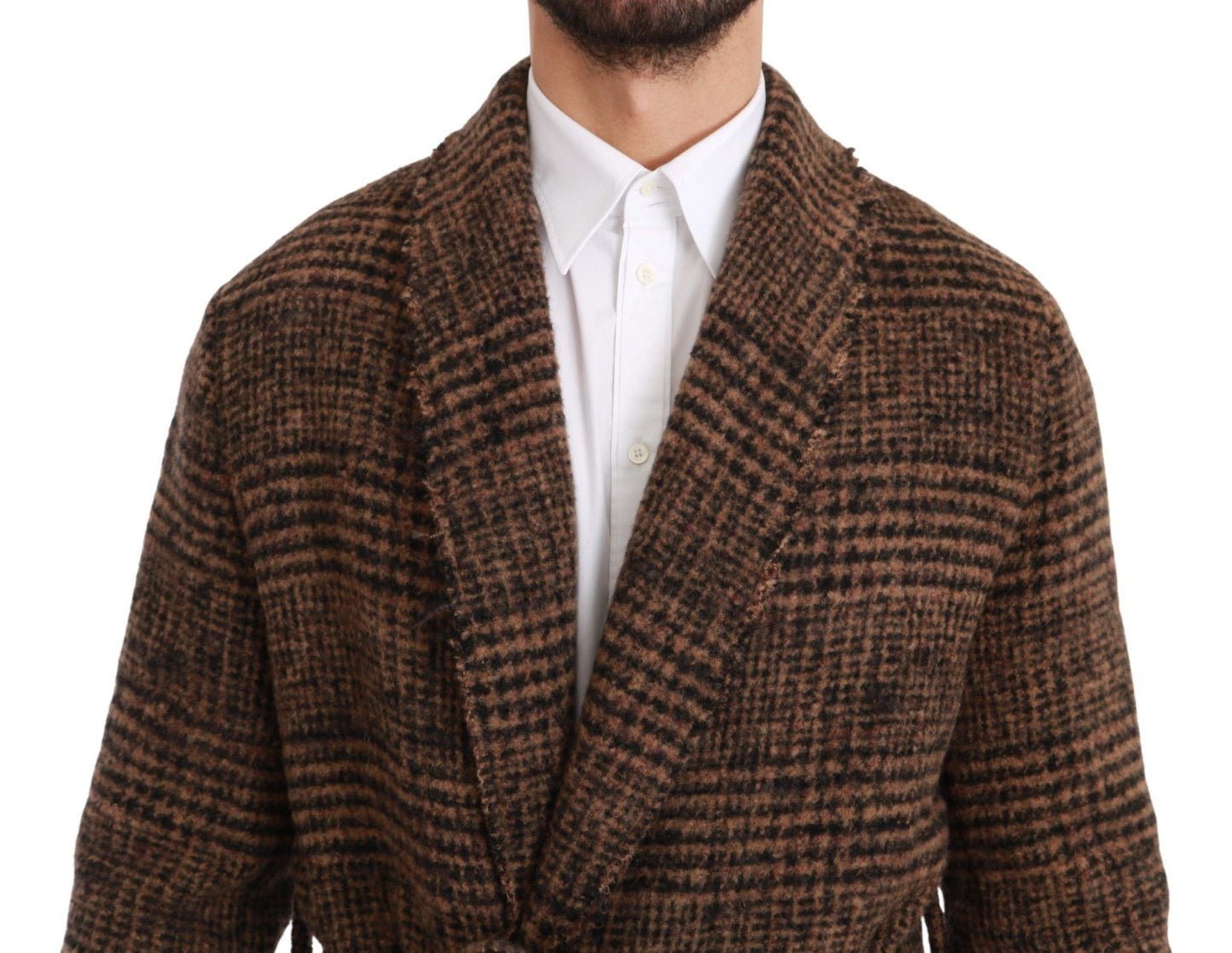 Dolce & Gabbana Brown Checkered Wool Robe Coat  Wrap Men's Jacket