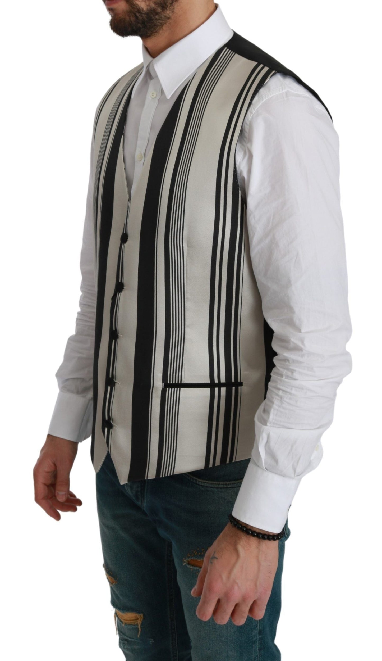 Dolce & Gabbana White Black Stripes Waistcoat Formal Men's Vest