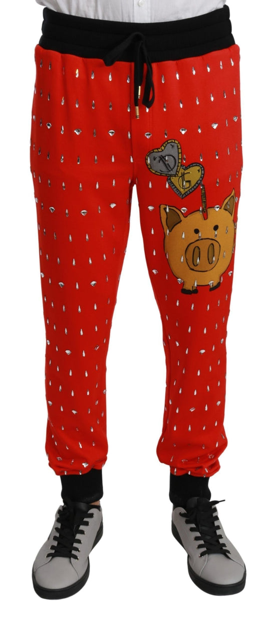 Dolce & Gabbana Red Piggy Bank Cotton Crystal Trousers Men's Pants