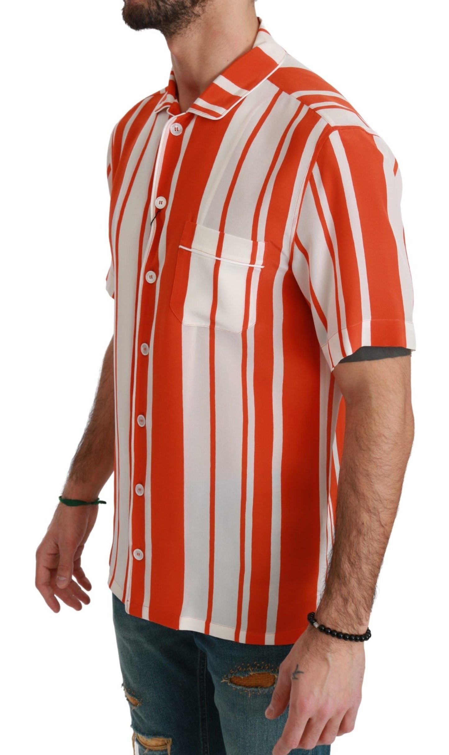 Dolce & Gabbana Orange Silk Striped Short Sleeve White Men's Shirt