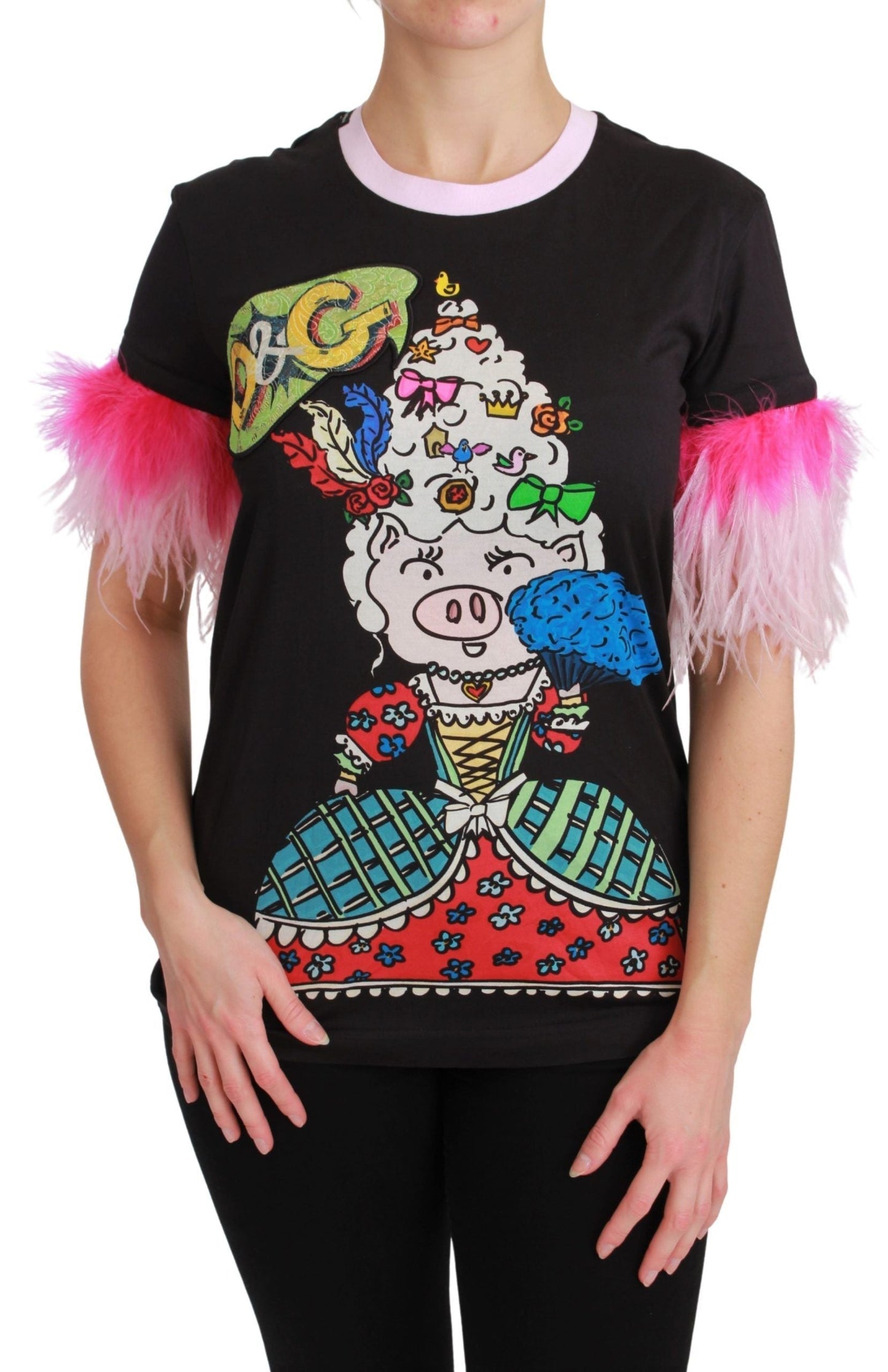 Dolce & Gabbana Black YEAR OF THE PIG Top Cotton  Women's T-shirt