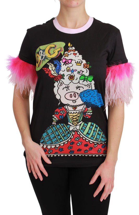 Dolce & Gabbana Black YEAR OF THE PIG Top Cotton  Women's T-shirt
