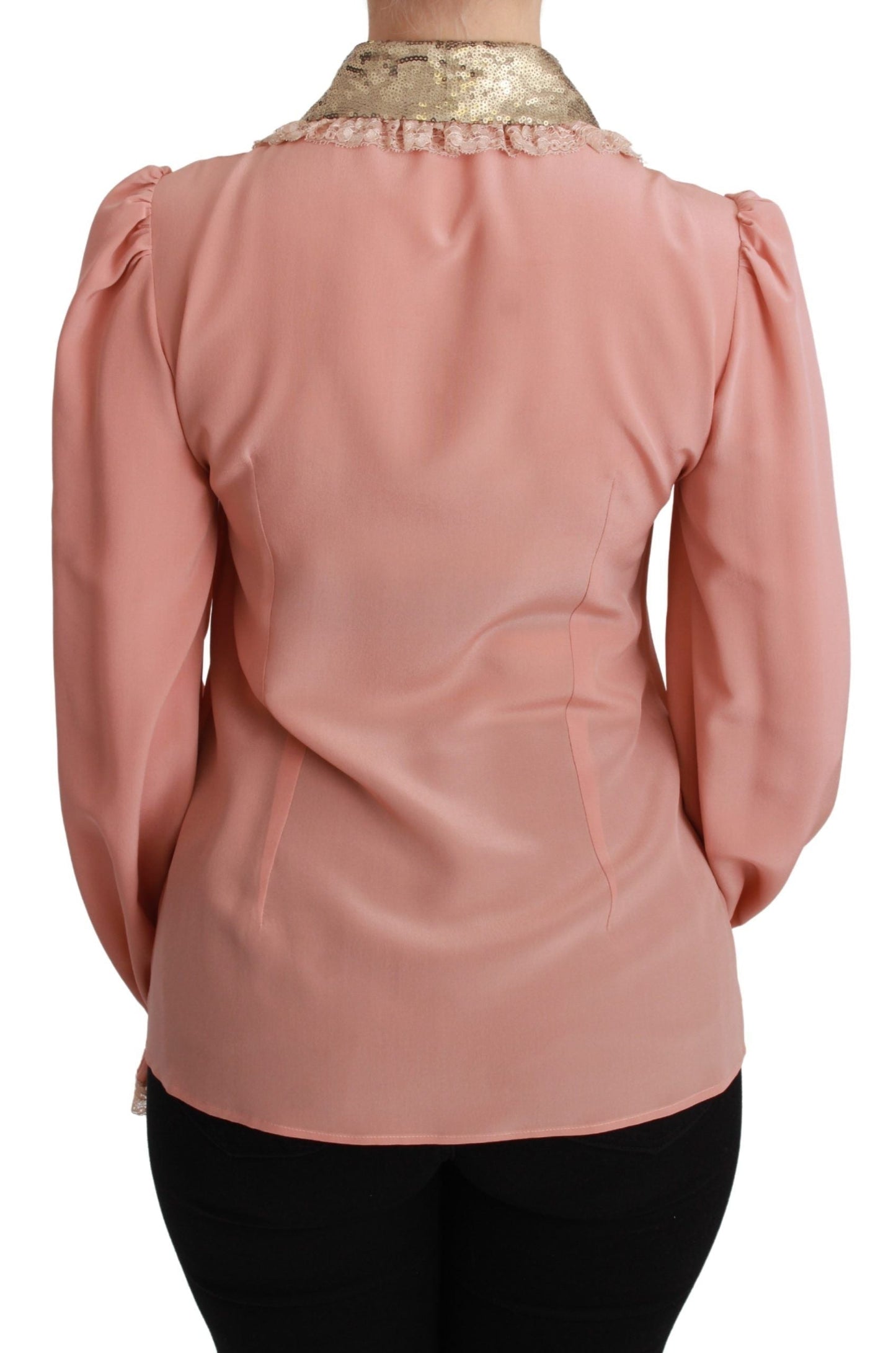 Dolce & Gabbana Pink Silk Gold Sequin Lace Blouse Women's Shirt