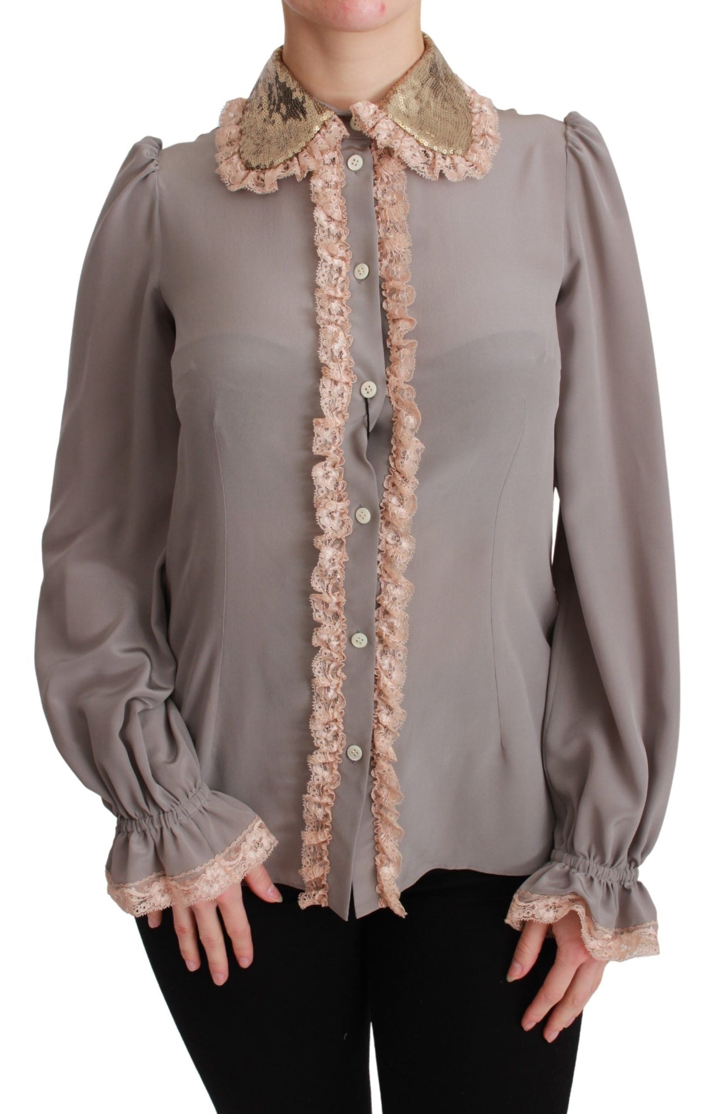 Dolce & Gabbana Gray Silk Gold Sequin Lace Blouse Women's Shirt