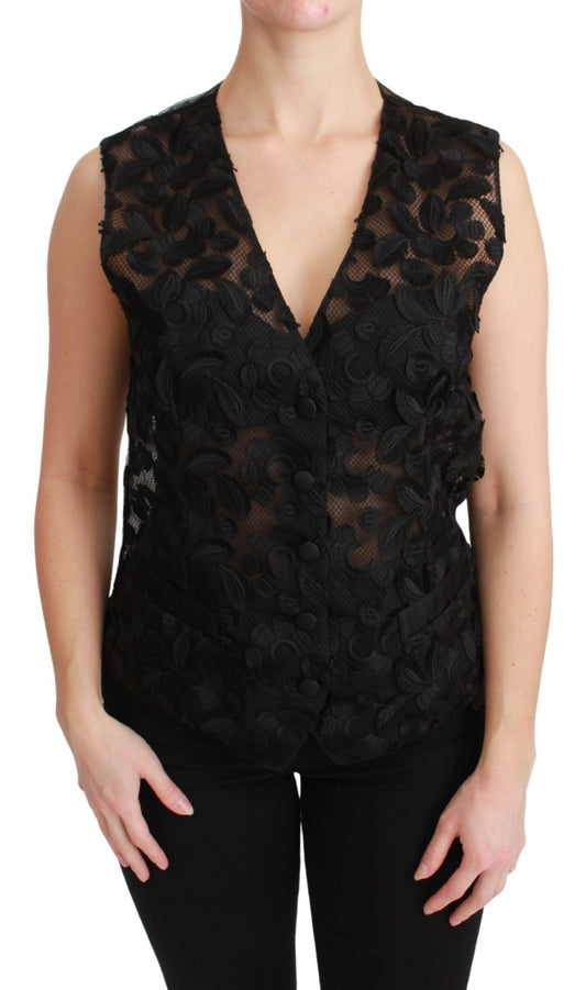 Dolce & Gabbana Black Floral Brocade Top Gilet Women's Waistcoat