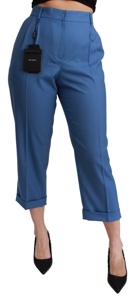 Dolce & Gabbana Blue Pleated Wool Cuffed Cropped Trouser Women's Pants