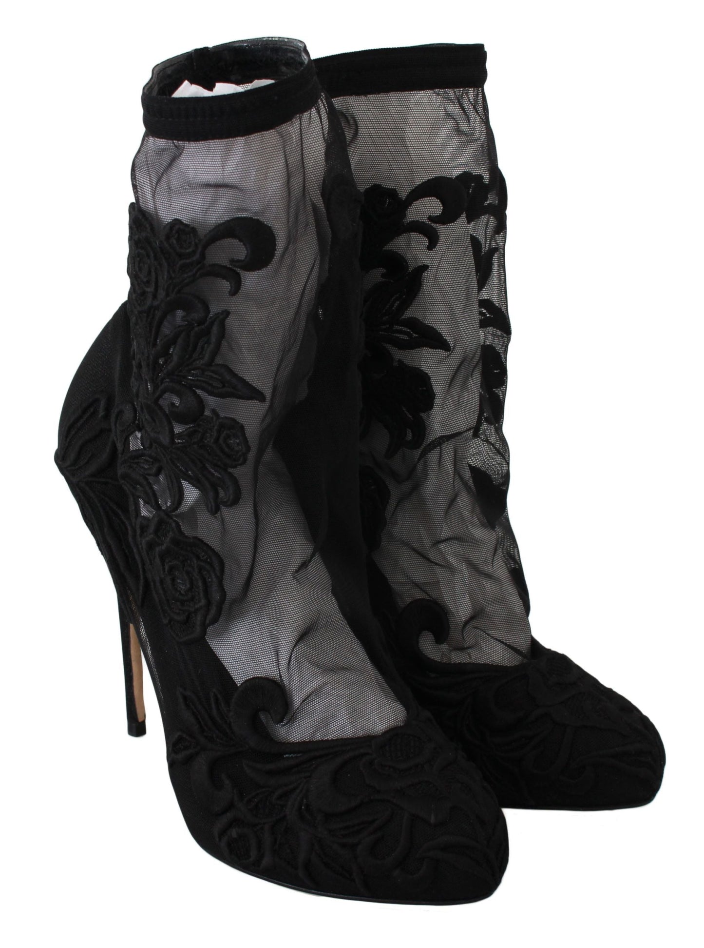 Dolce & Gabbana Black Roses Stilettos Booties Socks Women's Shoes