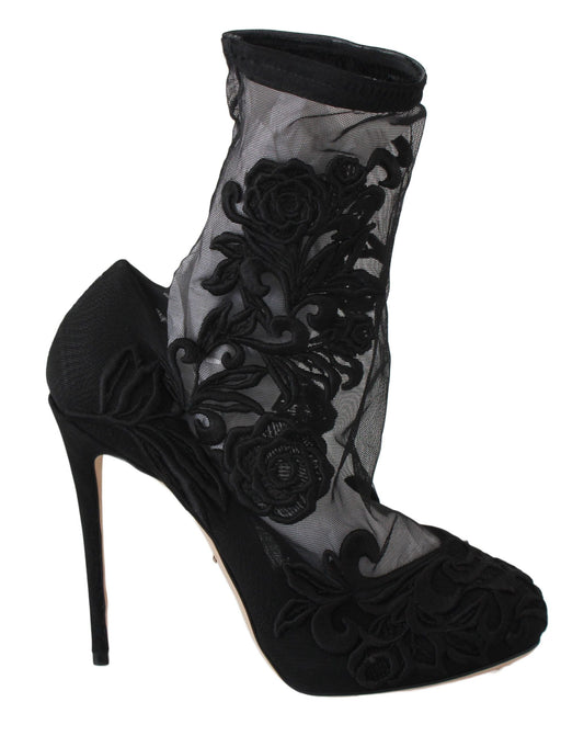 Dolce & Gabbana Black Roses Stilettos Booties Socks Women's Shoes