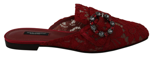 Dolce & Gabbana Red Lace Crystal Slide On Flats Women's Shoes