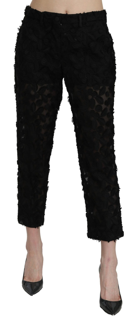 Dolce & Gabbana Black Lace Straight Cropped High Waist Women's Pants