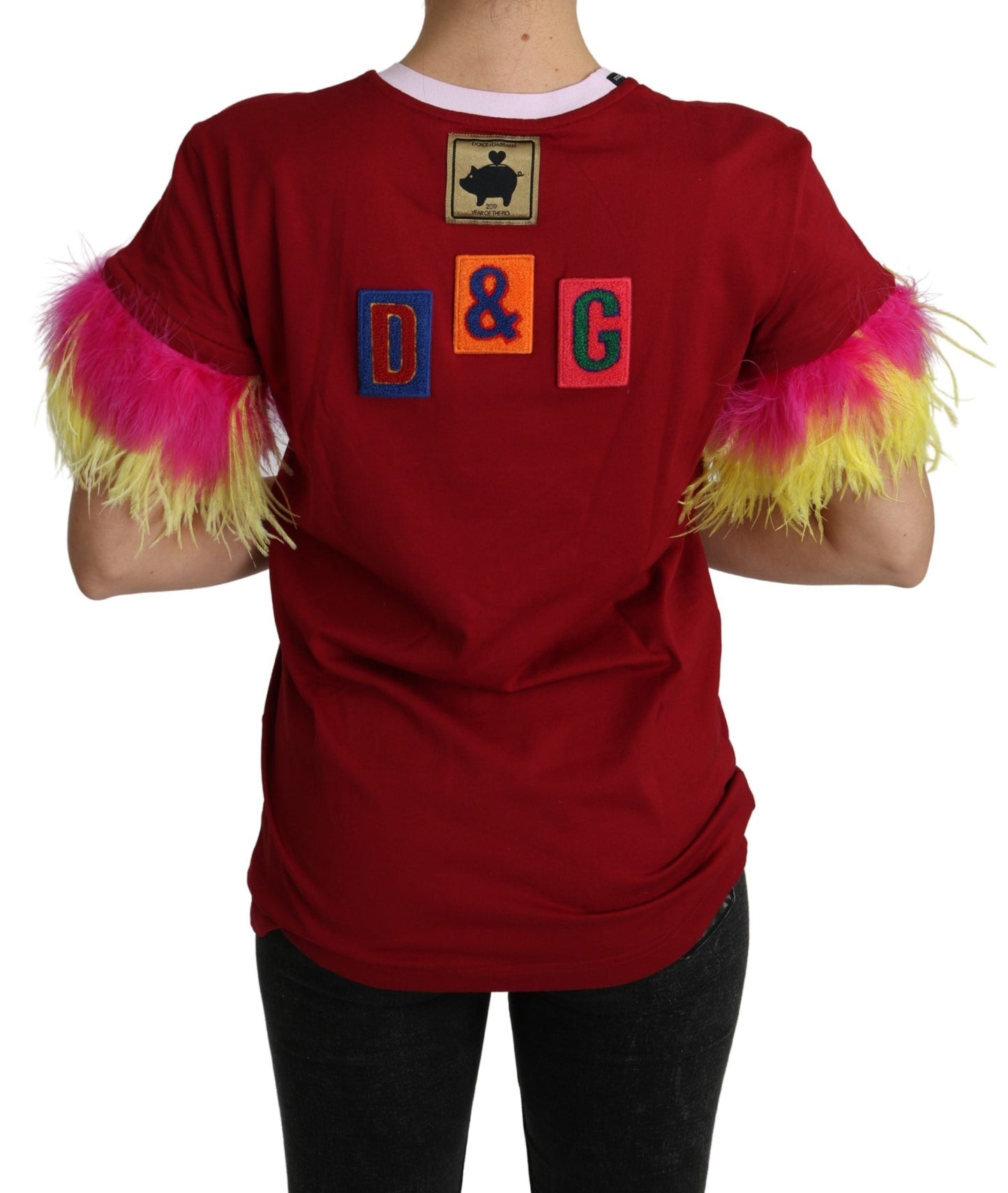 Dolce & Gabbana Red Pig Print Feather Sleeves T-shirt Women's Top