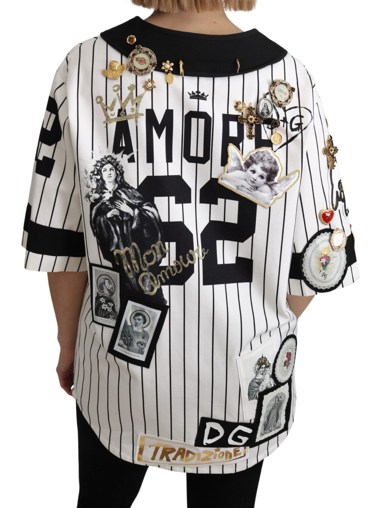 Dolce & Gabbana White and black Blouse Cotton Crystal Charms Amore Women's Shirt