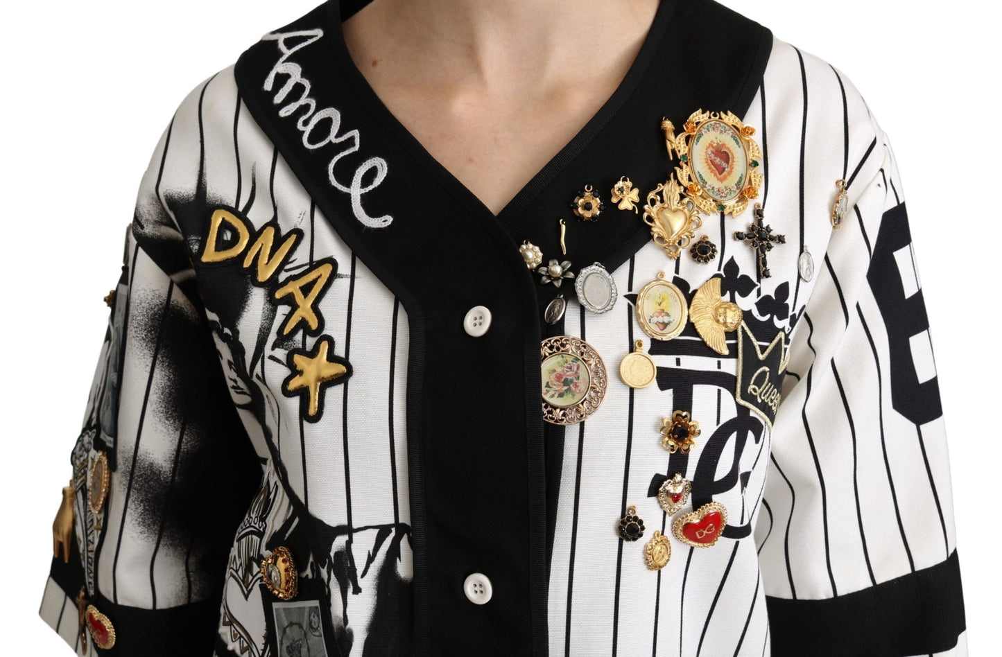 Dolce & Gabbana White and black Blouse Cotton Crystal Charms Amore Women's Shirt