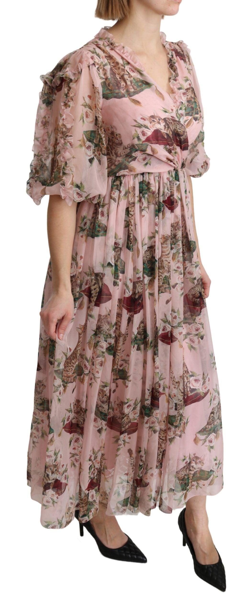 Dolce & Gabbana Pink Bengal Cat Print A-line Maxi Silk  Women's Dress