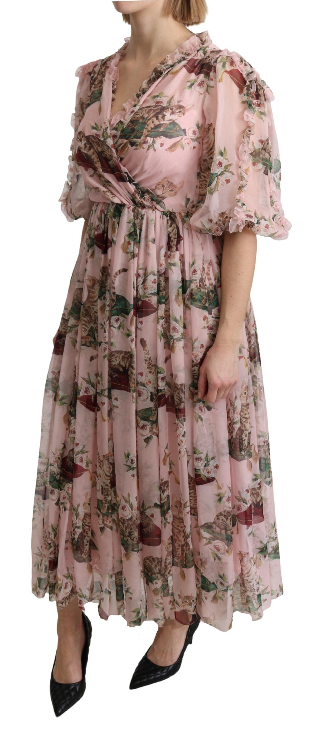 Dolce & Gabbana Pink Bengal Cat Print A-line Maxi Silk  Women's Dress
