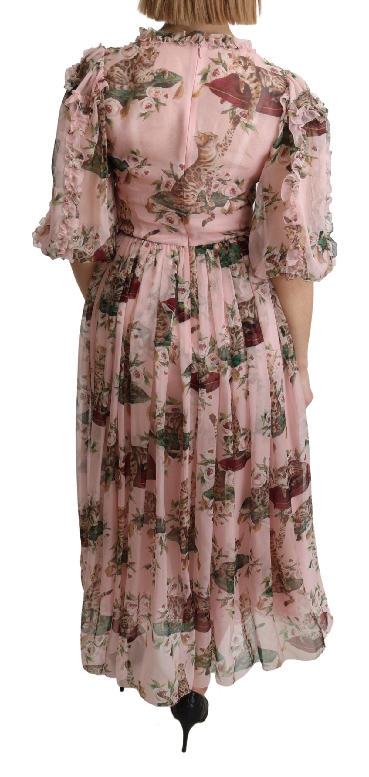 Dolce & Gabbana Pink Bengal Cat Print A-line Maxi Silk  Women's Dress