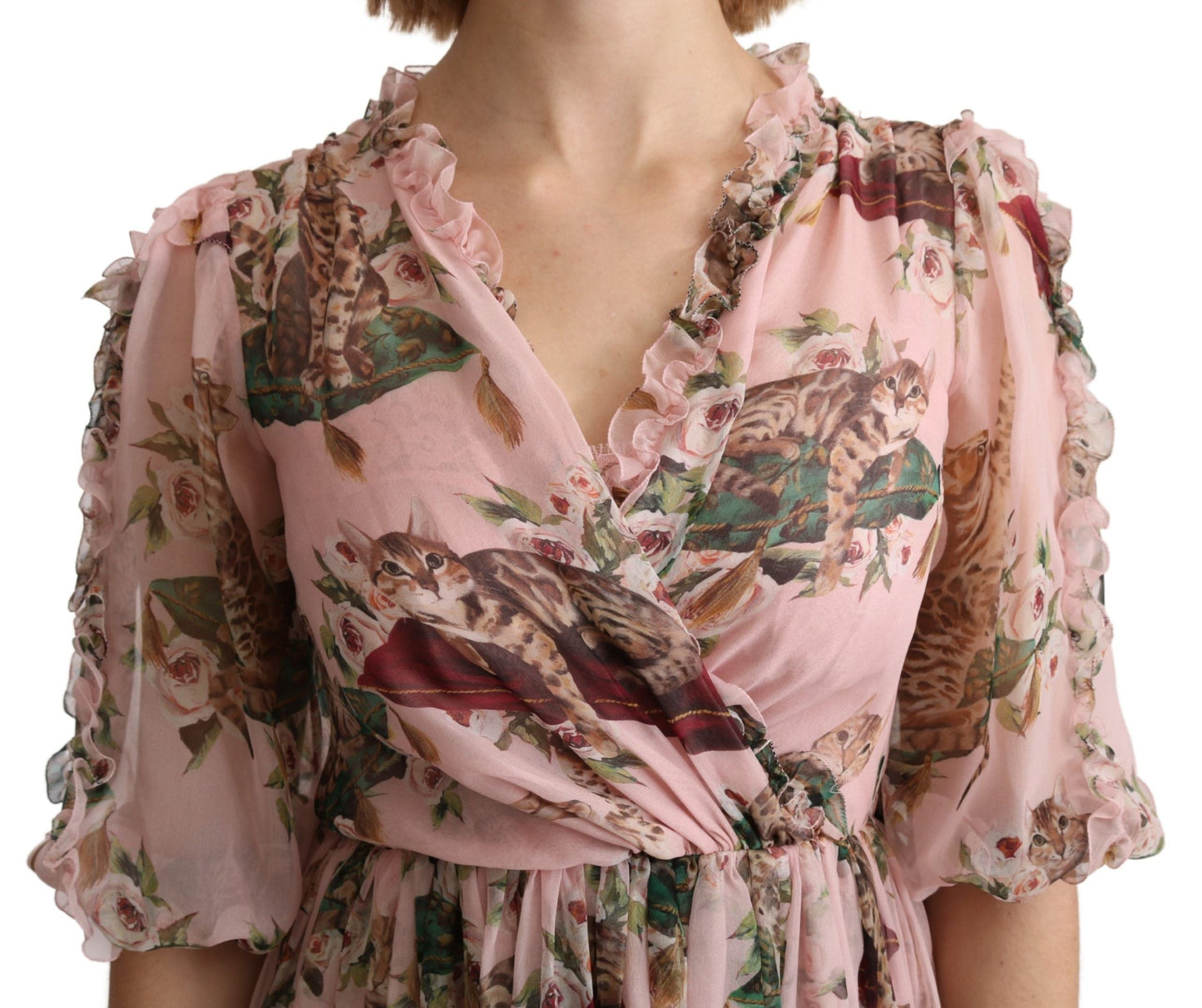 Dolce & Gabbana Pink Bengal Cat Print A-line Maxi Silk  Women's Dress