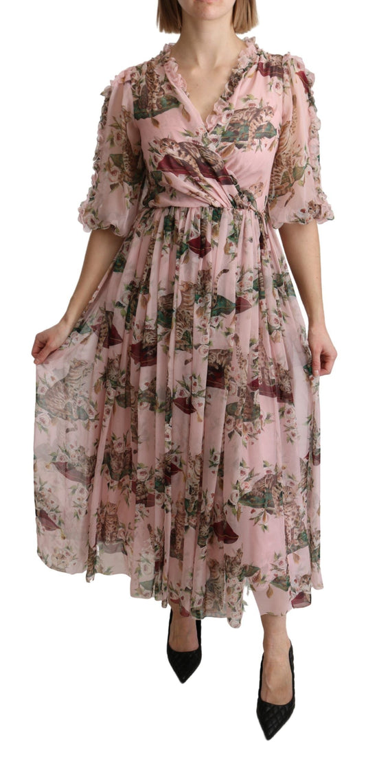 Dolce & Gabbana Pink Bengal Cat Print A-line Maxi Silk  Women's Dress