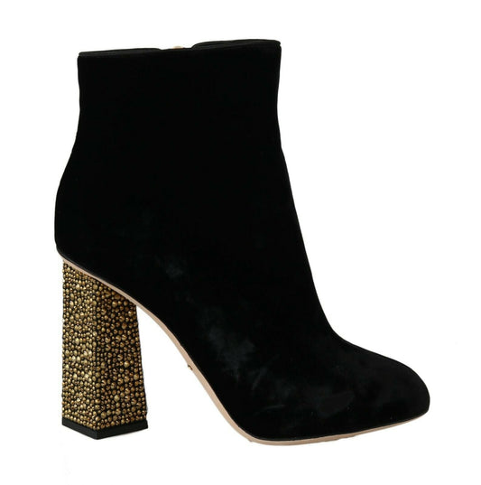 Dolce & Gabbana Black Velvet Crystal Square Heels Women's Shoes