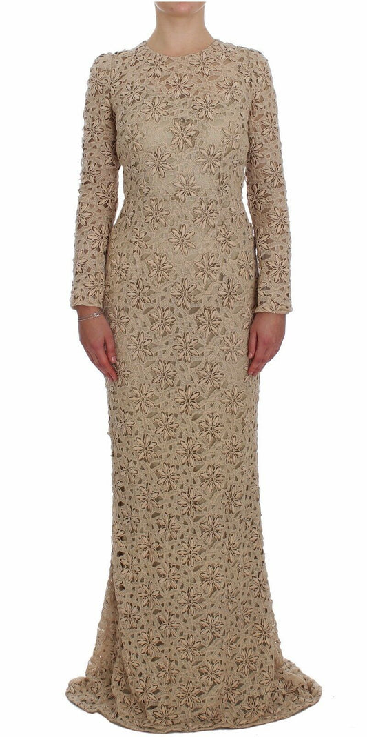 Dolce & Gabbana Beige Floral Lace Sheath Maxi Women's Dress
