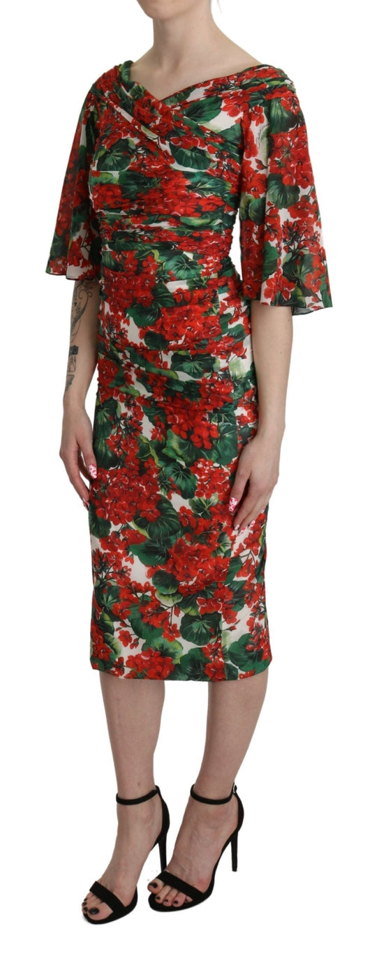 Dolce & Gabbana Red Floral Sheath Midi Silk Stretch Women's Dress