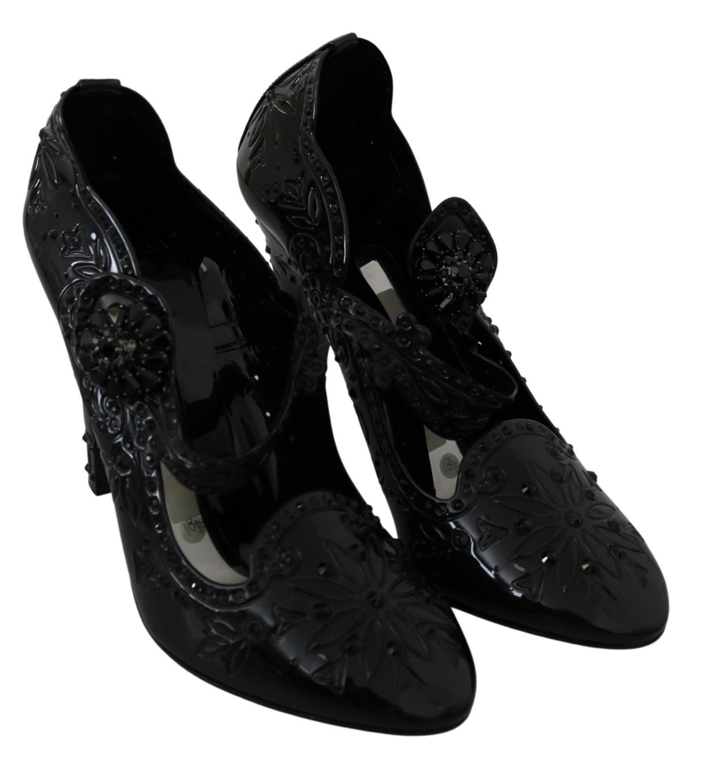 Dolce & Gabbana Black Floral Crystal CINDERELLA Heels Women's Shoes