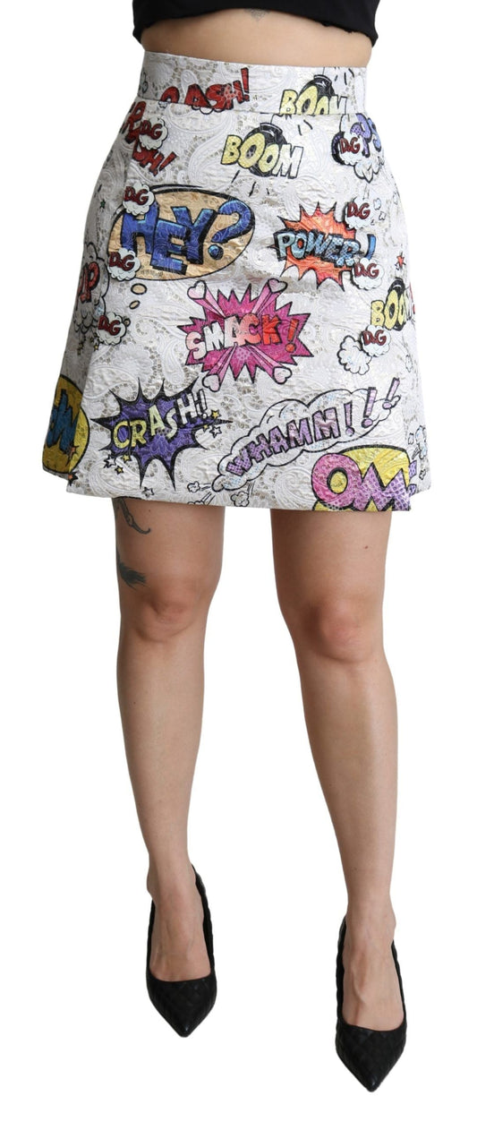 Dolce & Gabbana White Cartoon Brocade A-line High Waist Women's Skirt