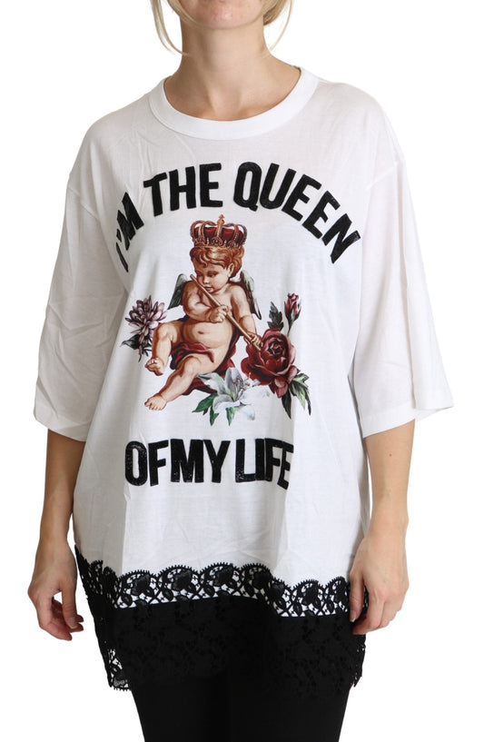 Dolce & Gabbana White Angel Print Cotton Round Neck Shirt Women's Tops