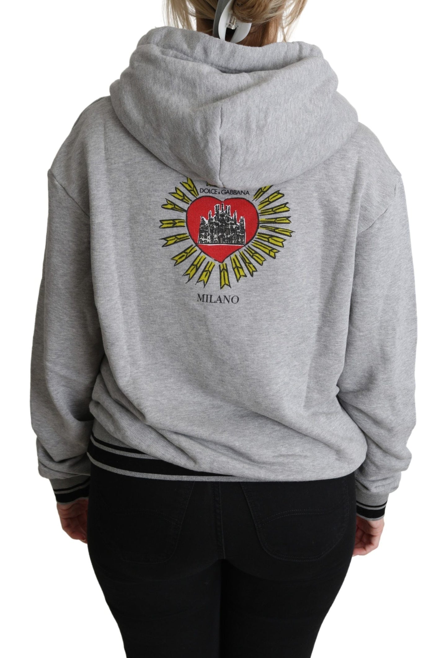 Dolce & Gabbana Gray Printed Hooded Exclusive Logo Women's Sweater