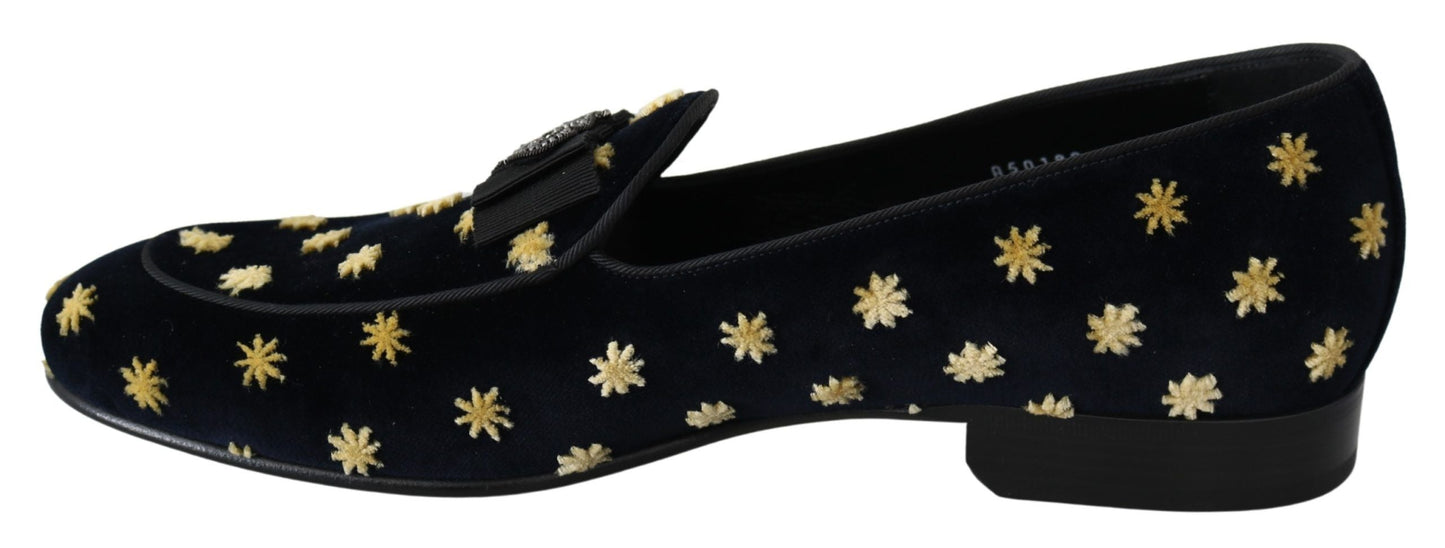 Dolce & Gabbana Blue Velvet Crown Slippers Loafers Men's Shoes
