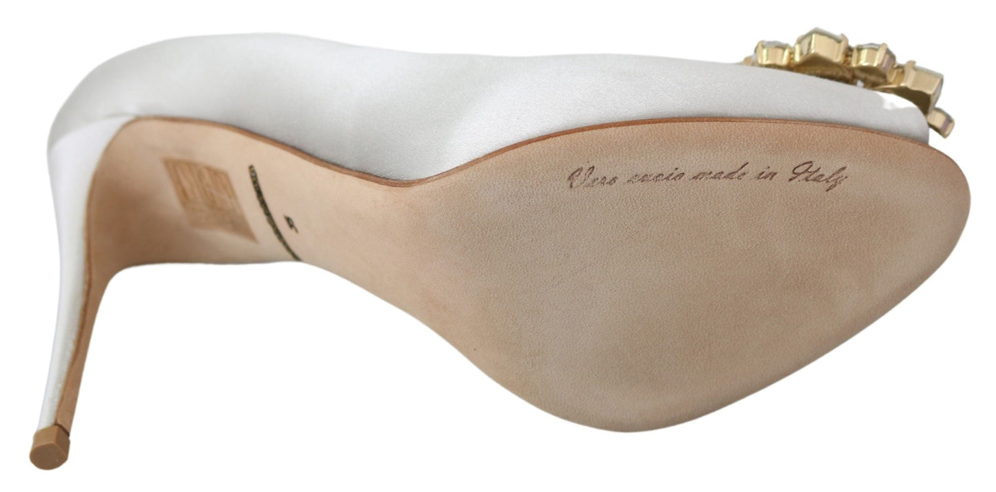Dolce & Gabbana White Crystals Peep Toe Heels Satin Pumps Women's Shoes