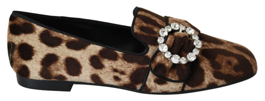 Dolce & Gabbana Brown Leopard Print Crystals Loafers Flats Women's Shoes